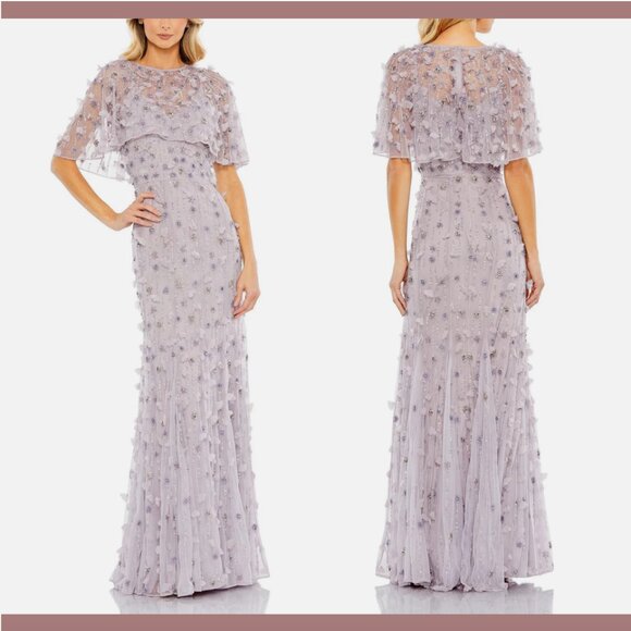 NEW $698 Mac Duggal [ 14 ]‎ Embellished Cape Sleeve Trumpet Gown in Lilac #Q687
